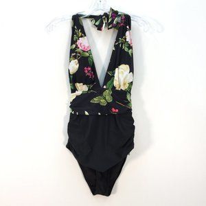 NWT CUPSHE BLACK FLORAL ONE PC SWIMSUIT PADDED CUPS SZ SMALL